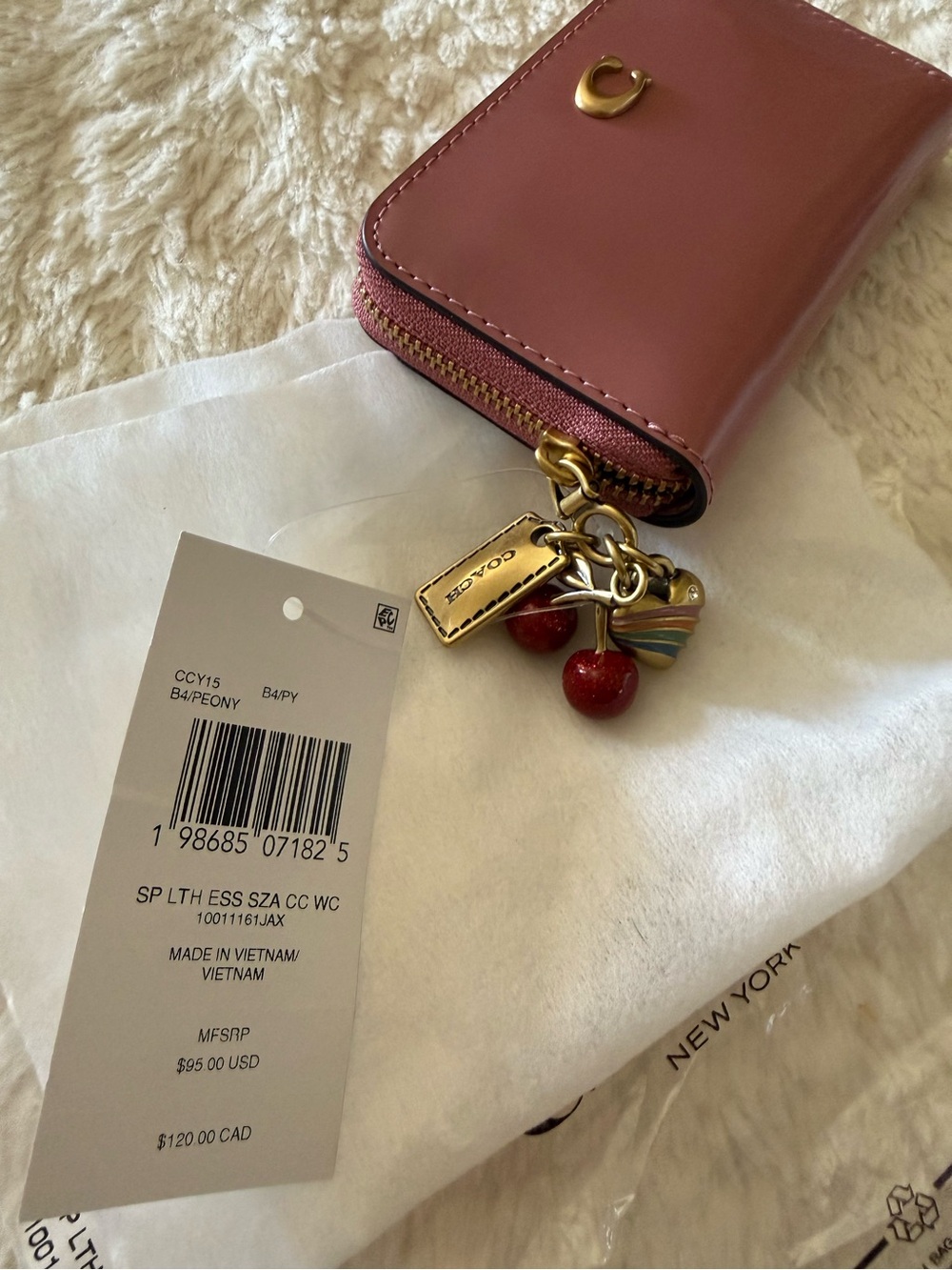 COACH Spazzolato Essential Small Zip Around Card Case with charms Peony pink - Picture 3 of 5